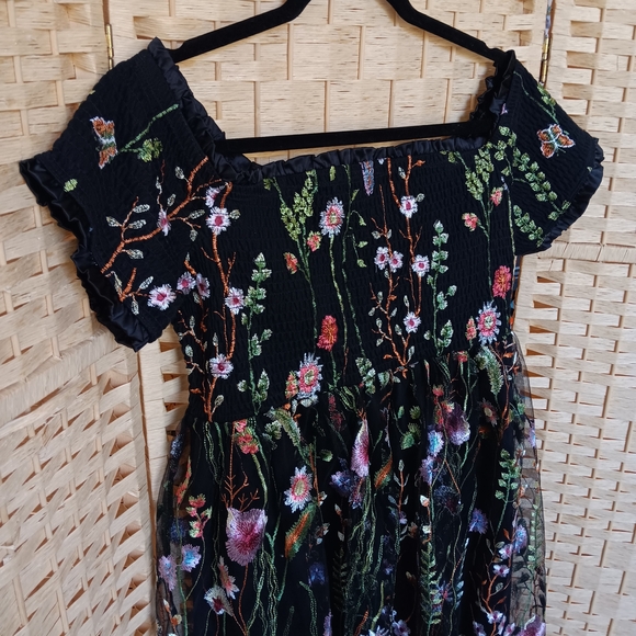 NWT Torrid Smocked Bodice Off Shoulder Skater Dress - Black Lace Embroidery - Picture 4 of 15